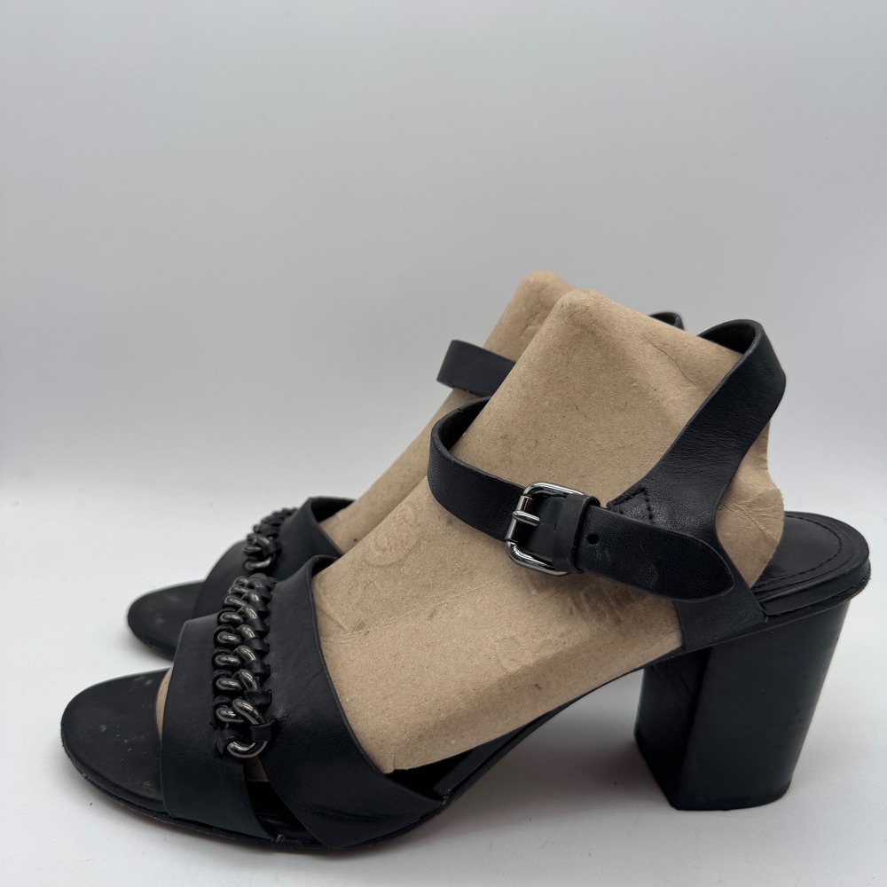 Coach Phoebe Women's Heeled Sandals Black Leather W/Black Chain Block Heel 6 - Picture 3 of 7